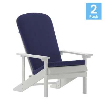 Flash Furniture Set Of 2 Adirondack Chairs In White With Blue Cushions, Porch, And Patio
