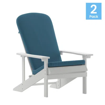 Flash Furniture Set Of 2 Adirondack Chairs In White With Teal Cushions, Porch, And Patio In Blue