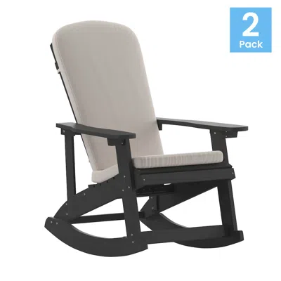 Flash Furniture Set Of 2 Adirondack Rocking Chairs In Black With Cream Cushions, Porch And Patio