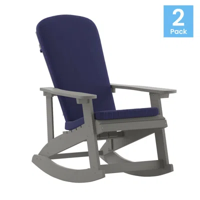 Flash Furniture Set Of 2 Adirondack Rocking Chairs In Gray With Blue Cushions, Porch, And Patio