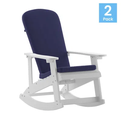 Flash Furniture Set Of 2 Adirondack Rocking Chairs In White With Blue Cushions, Porch, And Patio