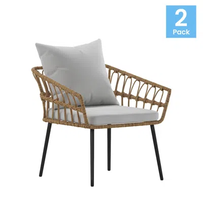 Flash Furniture Set Of 2 Boho Rope Rattan Wicker Patio Chairs With Gray Cushions, Natural