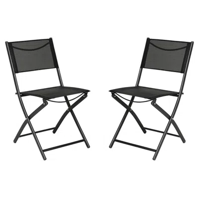 Flash Furniture Set Of 2 Folding Chairs With Black Material Backs And Seats, Black Metal Frames