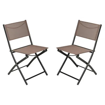 Flash Furniture Set Of 2 Folding Chairs With Brown Material Backs And Seats, Black Metal Frames