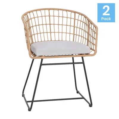 Flash Furniture Set Of 2 Patio Boho Club Chairs, Light Gray Cushions And Sled Base In Brown