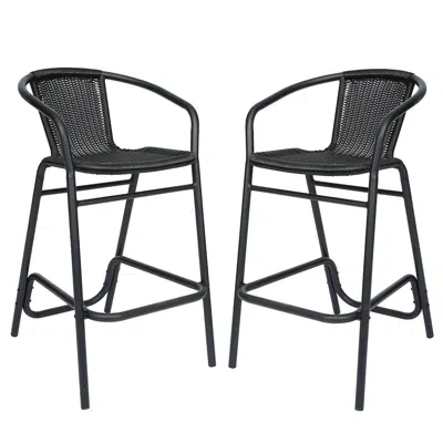 Flash Furniture Set Of 2 Rattan Restaurant Barstool With Black Aluminum Frame, Black