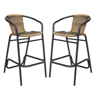 Flash Furniture Set Of 2 Rattan Restaurant Barstool With Black Aluminum Frame, Medium Brown