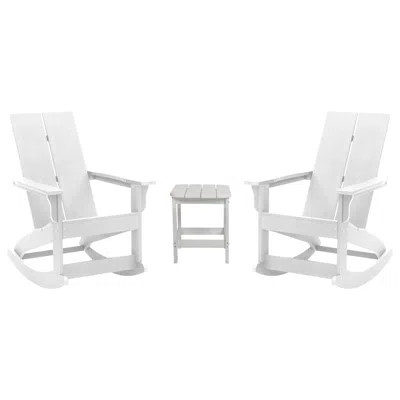 Flash Furniture Set Of 2 White 2-slat Rocking Adirondack Chairs With Matching Side Table