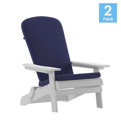 Flash Furniture Set Of 2folding Adirondack Chairs In White With Blue Cushions, Porch, And Patio