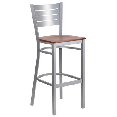 Flash Furniture Silver Slat Back Metal Restaurant Barstool - Cherry Wood Seat In Gray