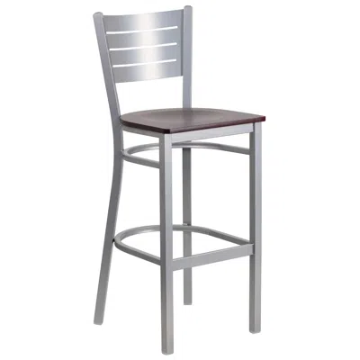 Flash Furniture Silver Slat Back Metal Restaurant Barstool - Mahogany Wood Seat In Multi
