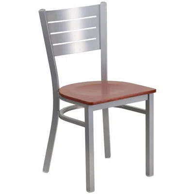Flash Furniture Silver Slat Back Metal Restaurant Chair - Cherry Wood Seat In Gray
