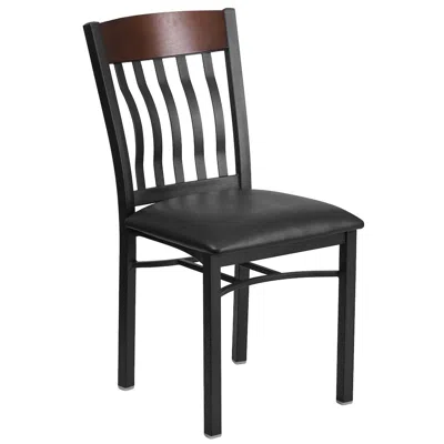 Flash Furniture Vertical Back Black Metal And Walnut Wood Restaurant Chair With Black Vinyl Seat In Brown