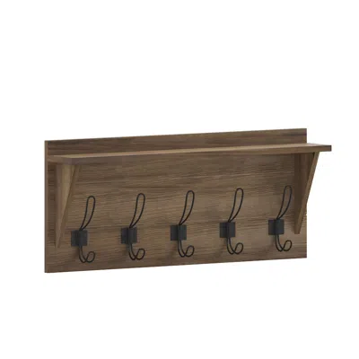 Flash Furniture Wall Mounted 24 In Solid Pine Wood Storage Rack With Upper Shelf, Brown