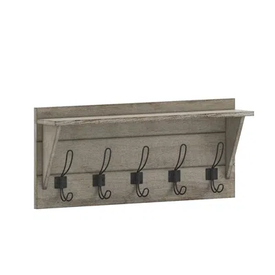 Flash Furniture Wall Mounted 24 In Solid Pine Wood Storage Rack With Upper Shelf, Weathered In Gray