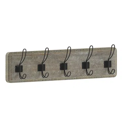 Flash Furniture Wall Mounted 24 In Weathered Solid Pine Wood Storage Rack With 5 Hooks In Gray