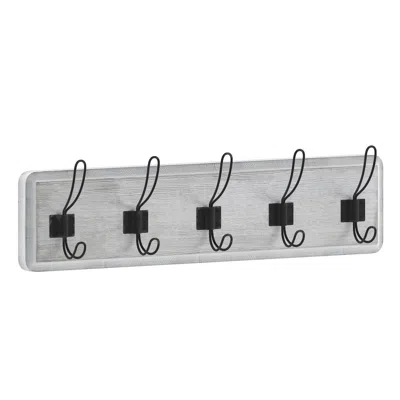 Flash Furniture Wall Mounted 24 In Whitewashed Solid Pine Wood Storage Rack With 5 Hooks In Gray