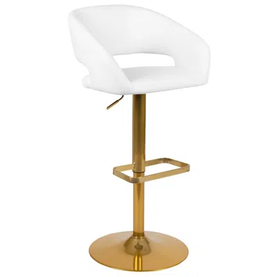 Flash Furniture White Vinyl Adjustable Height Barstool With Rounded Mid-back And Gold Base