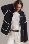 Flat White Collared Whipstitch Cardigan Sweater In Black