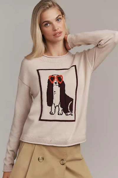 Flat White Crew-neck Dog Icon Jumper In Multi