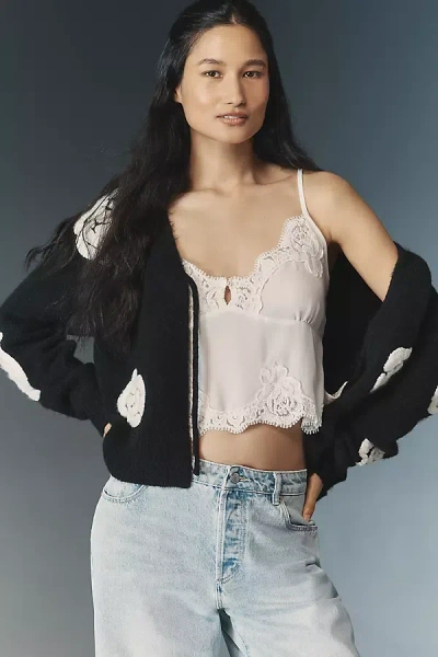 Flat White Embroidered Flower Cardigan Sweater In Black