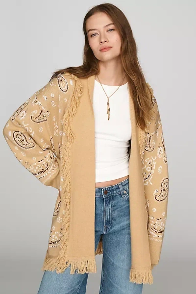Flat White Fringe Wrap Cardigan Sweater In Beige