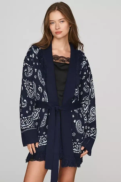 Flat White Fringe Wrap Cardigan Sweater In Blue