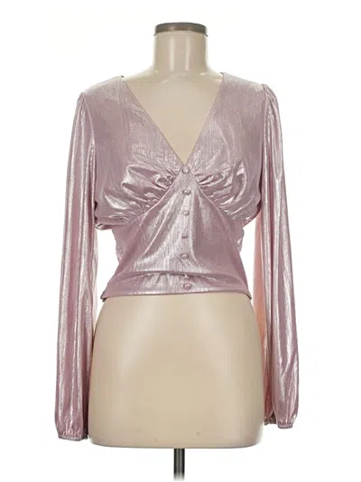 Pre-owned Flat White Long Sleeve Top Silver Metallic Pattern Plunge Neckline Tops