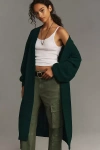 Flat White Long Waffle-knit Cardigan Sweater In Green