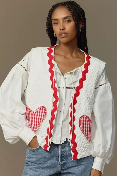 Flat White Quilted Heart Patch Vest In Multicolor