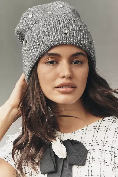 Flat White Rhinestone Beanie In Gray