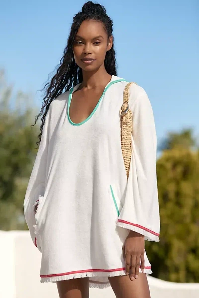 Flat White Terry Crochet Fringe Hooded Kaftan