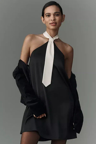 Flat White Tie Halter Mini Dress In Black