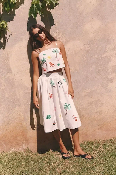 Flat White Tropical Embroidered Midi Skirt In White