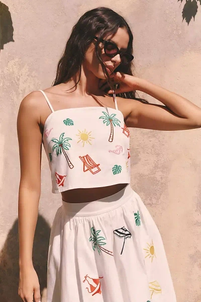 Flat White Tropical Embroidered Tank Top In White