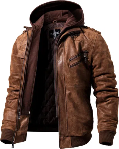 Pre-owned Flavor Men Brown Leather Motorcycle Jacket With Removable Hood