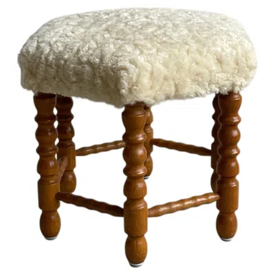 Pre-owned Flemming Lassen Danish Modern Oak Stool, Bobbin Legs With Bouclé Seat, 1950s In Brown
