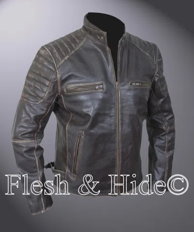 Pre-owned Flesh & Hide Genuine Cowhide Leather Buffed Brown Ribbed Cafe Racer Jacket