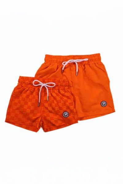 Fletch Kids'  Neon Color Change Checker Swim Trunks In Orange