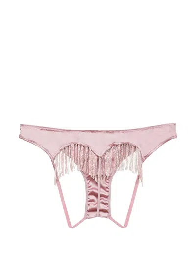Fleur Du Mal Beaded Fringe Ouvert Heart Shaped Panty In Rosebud