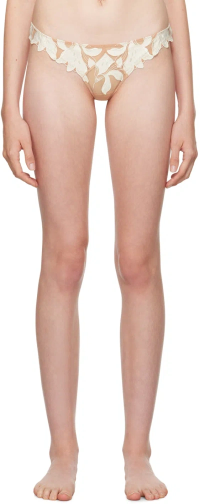 Fleur Du Mal Beige & White Lily Embroidery Hipster Thong In 0300 Ivory