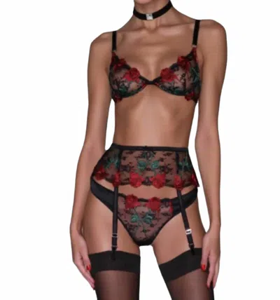 Fleur Du Mal Bleeding Rose Embroidery Thong In Black