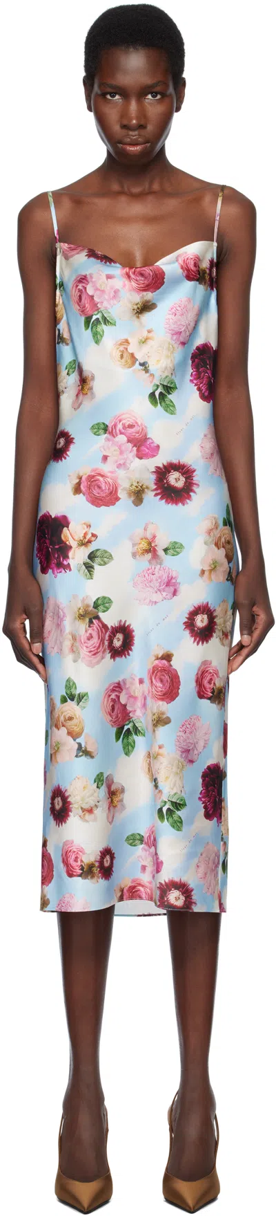 Fleur Du Mal Blue Cowl Neck Slip Midi Dress In 1016 Dreamy Floral