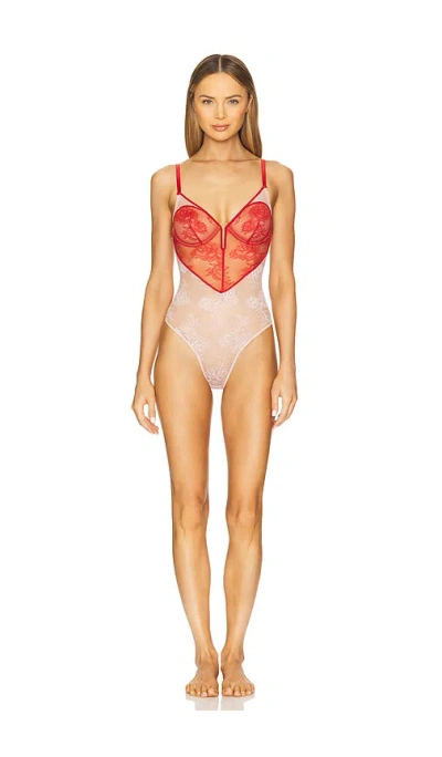 Fleur Du Mal Bouquet Lace Heart Bodysuit In Red