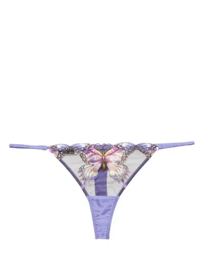 Fleur Du Mal Butterfly Embroidered Thong In Periwinkle