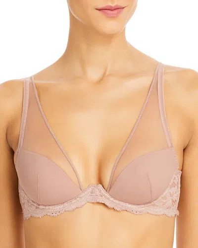 Fleur Du Mal Charlotte Sheer Overlay Lace Plunge Bra In Tan