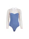Fleur Du Mal Collared Bodysuit With Dotted Tulle In Blue