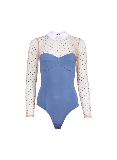 Fleur Du Mal Collared Bodysuit With Dotted Tulle In Blue