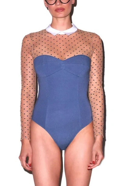Fleur Du Mal Collared Bodysuit With Dotted Tulle In Blue