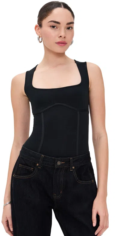 Fleur Du Mal Cotton Scoop Neck Thong Bodysuit Black